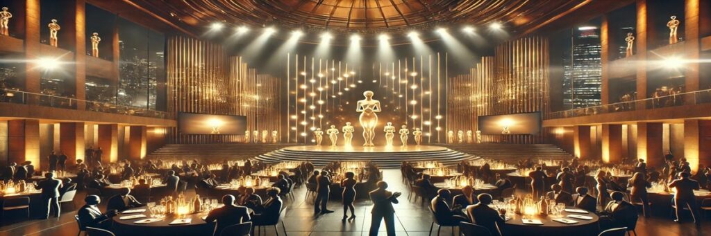 Elegant South African awards gala scene with spotlighted stage and golden statuettes, celebrating national voiceover talent and audiobook narration.