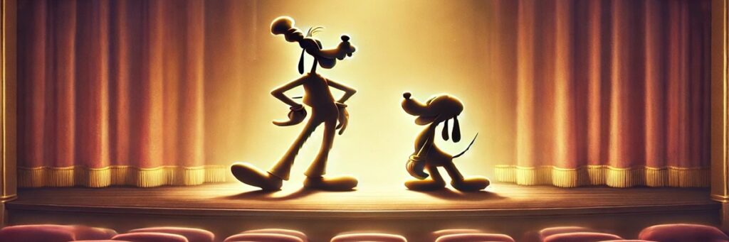 Warm illustration of a cheerful animated-style character silhouette beside a microphone, symbolizing Bill Farmer’s legacy as the voice of Goofy and Pluto.