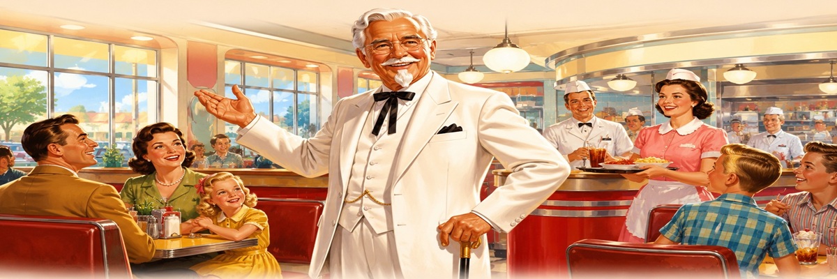 Vintage-inspired advertising character standing in a bright retro restaurant environment with classic commercial appeal