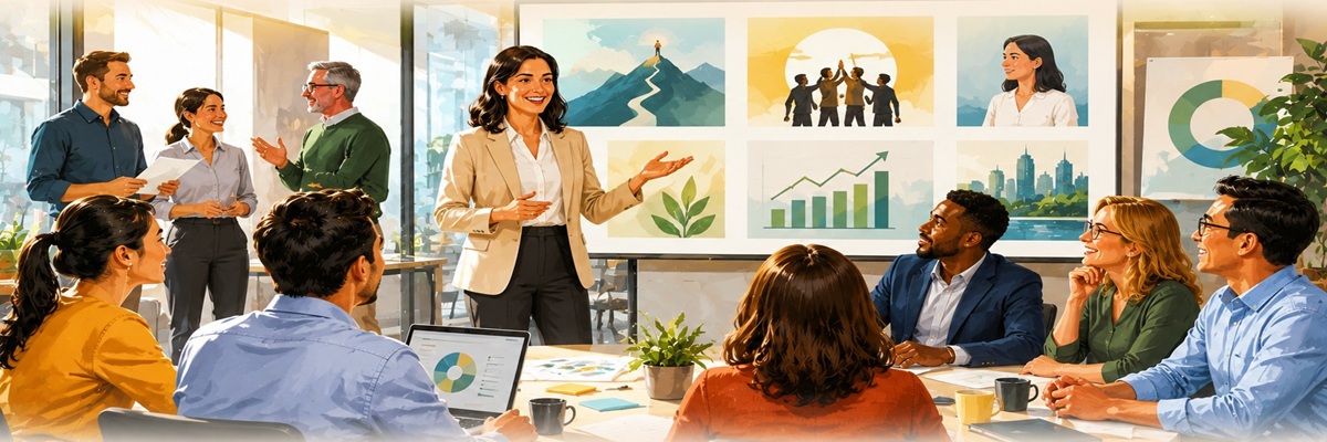 Professional corporate narrator presenting a business story in a modern communication environment