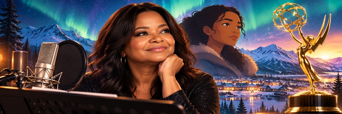 Editorial illustration celebrating Octavia Spencer’s first Emmy win for Lost Women of Alaska, featuring the actress beside a studio microphone, a golden television award, and an animated woman against a snowy Alaskan landscape illuminated by the northern lights.