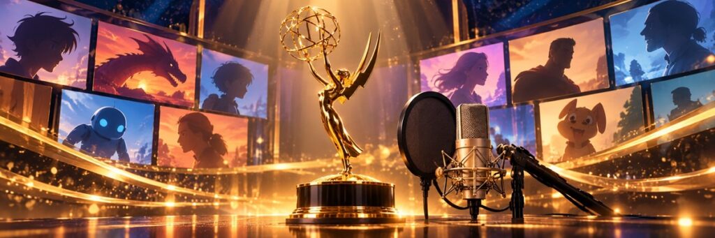 A golden Emmy Award statuette beside a professional recording microphone, surrounded by colorful animated character illustrations and glowing stage lights, celebrating the 2026 Emmy Awards' voice-over performances and achievements.