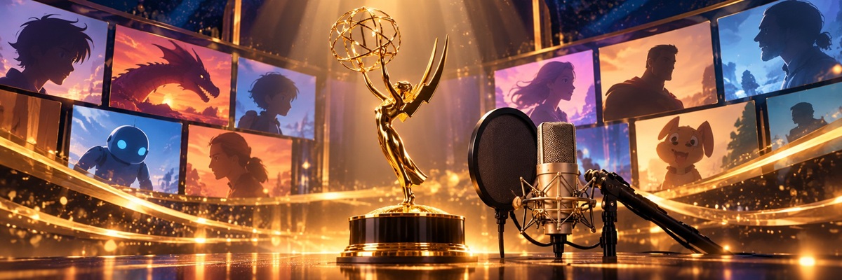 A golden Emmy Award statuette beside a professional recording microphone, surrounded by colorful animated character illustrations and glowing stage lights, celebrating the 2026 Emmy Awards' voice-over performances and achievements.