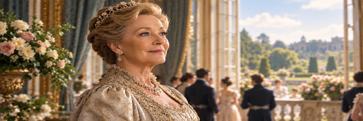 Elegant Regency-era illustration of a distinguished older woman in a lavish ballroom, representing Julie Andrews' Emmy-winning narration as Lady Whistledown in Bridgerton.