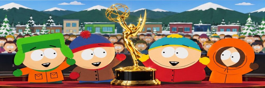 South Park characters Stan, Kyle, Cartman, and Kenny celebrating around a golden Emmy trophy, representing the show's 2026 Emmy win and Trey Parker's creative contributions.