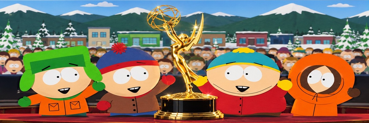 South Park characters Stan, Kyle, Cartman, and Kenny celebrating around a golden Emmy trophy, representing the show's 2026 Emmy win and Trey Parker's creative contributions.