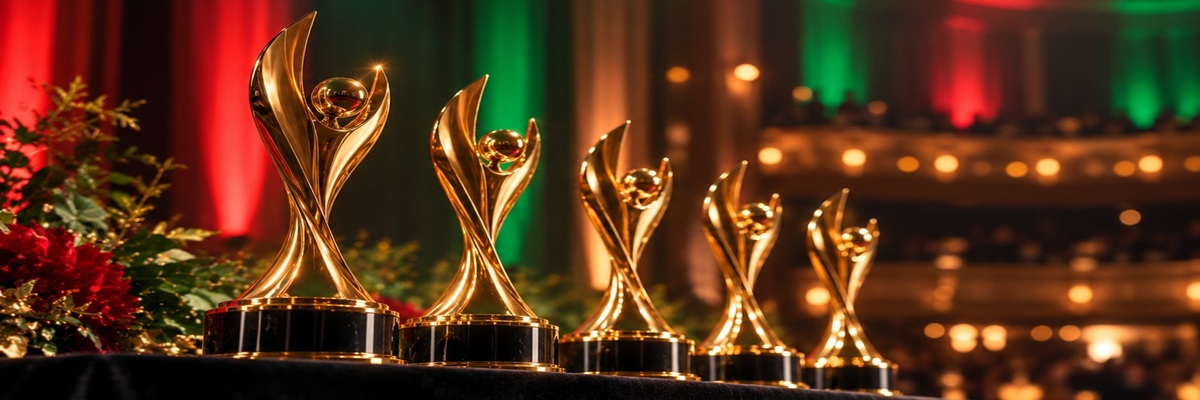 Golden awards trophies at a ceremony celebrating Welsh voice actors and their six wins at the 2026 VOX Awards.